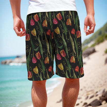 Embroidery Tulip Pattern Print Men's Cargo Shorts