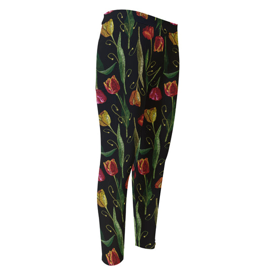 Embroidery Tulip Pattern Print Men's Compression Pants