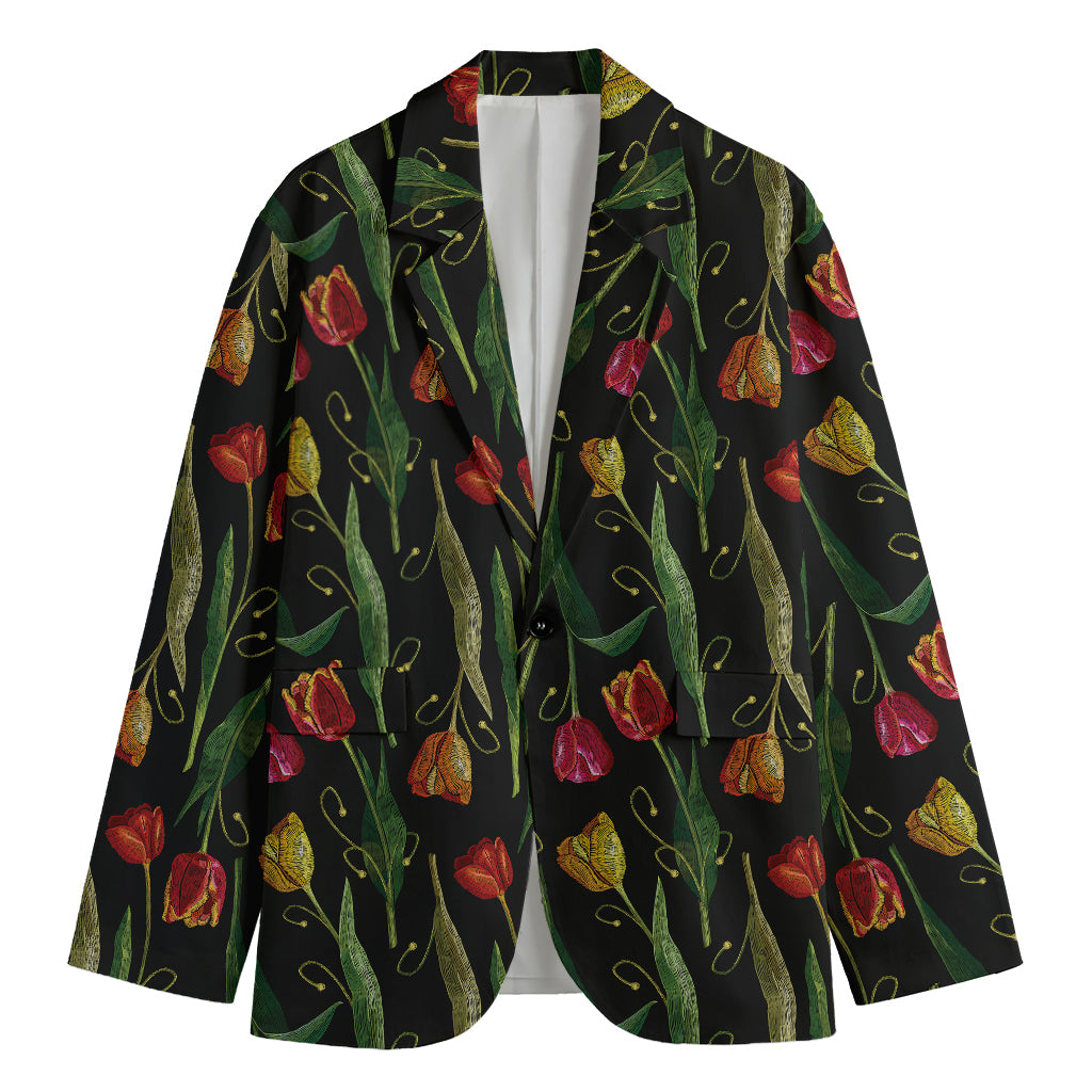 Embroidery Tulip Pattern Print Men's Cotton Blazer