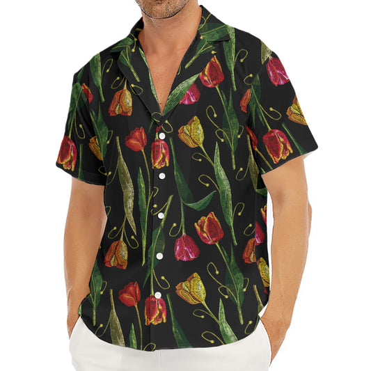 Embroidery Tulip Pattern Print Men's Deep V-Neck Shirt