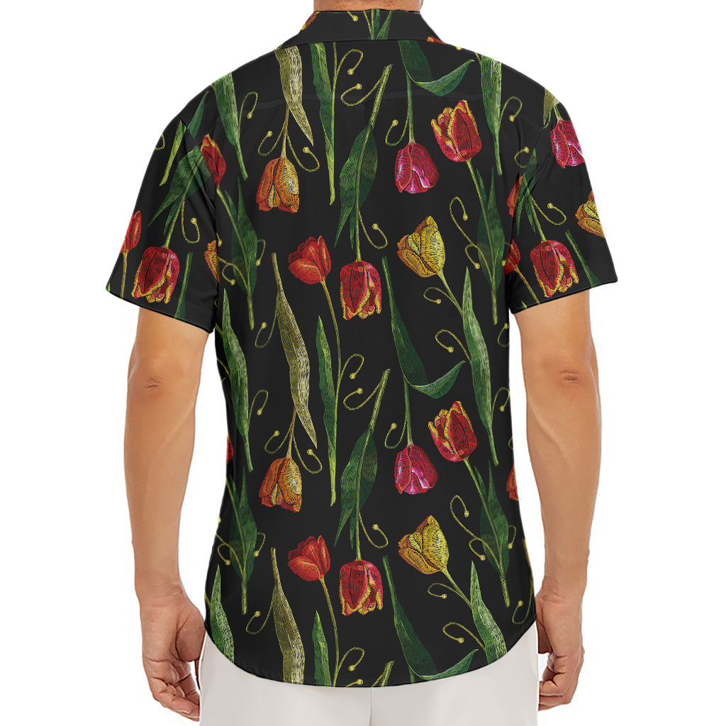 Embroidery Tulip Pattern Print Men's Deep V-Neck Shirt