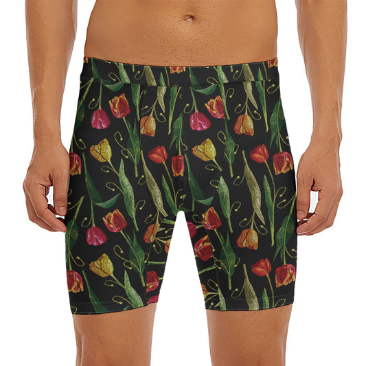 Embroidery Tulip Pattern Print Men's Long Boxer Briefs