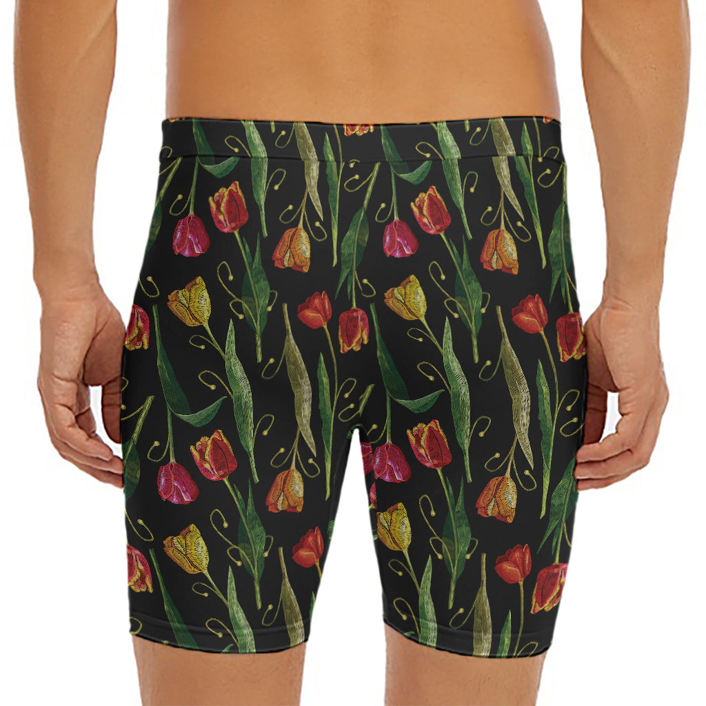 Embroidery Tulip Pattern Print Men's Long Boxer Briefs