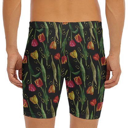 Embroidery Tulip Pattern Print Men's Long Boxer Briefs