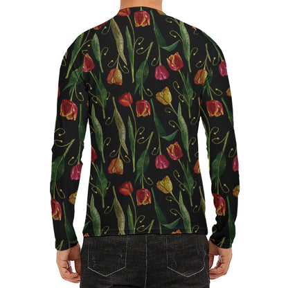 Embroidery Tulip Pattern Print Men's Long Sleeve Rash Guard