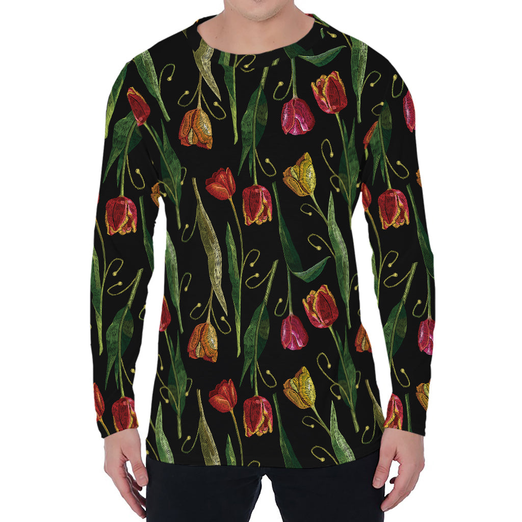 Embroidery Tulip Pattern Print Men's Long Sleeve T-Shirt