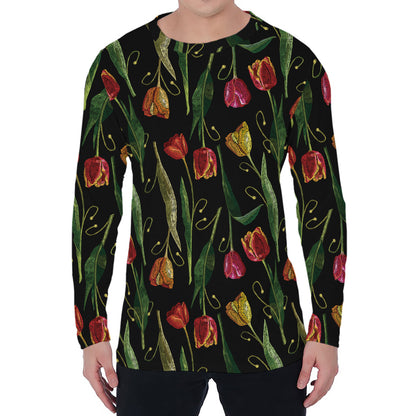 Embroidery Tulip Pattern Print Men's Long Sleeve T-Shirt
