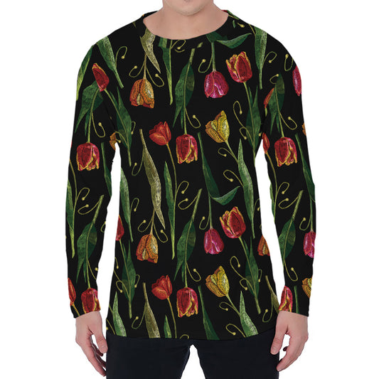 Embroidery Tulip Pattern Print Men's Long Sleeve T-Shirt