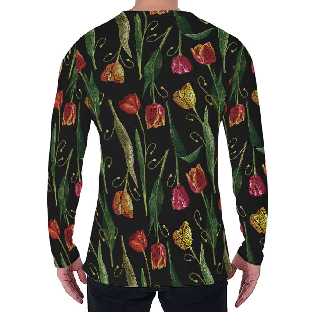 Embroidery Tulip Pattern Print Men's Long Sleeve T-Shirt
