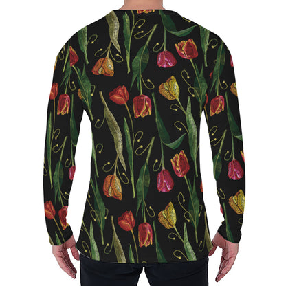 Embroidery Tulip Pattern Print Men's Long Sleeve T-Shirt