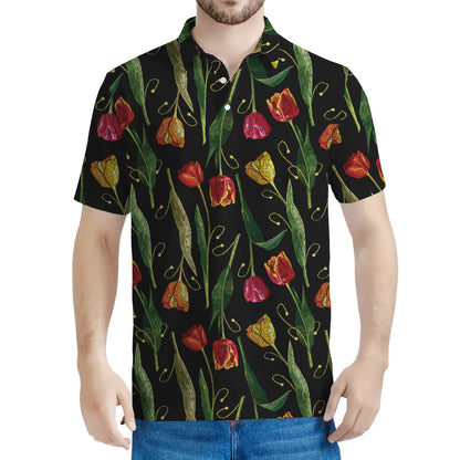 Embroidery Tulip Pattern Print Men's Polo Shirt