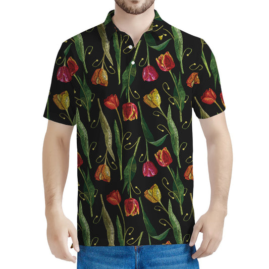 Embroidery Tulip Pattern Print Men's Polo Shirt