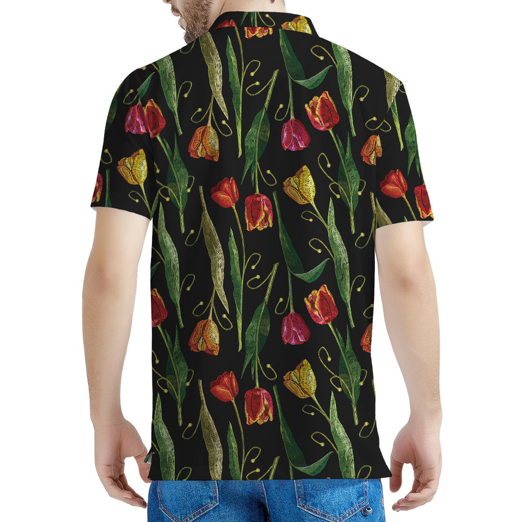 Embroidery Tulip Pattern Print Men's Polo Shirt