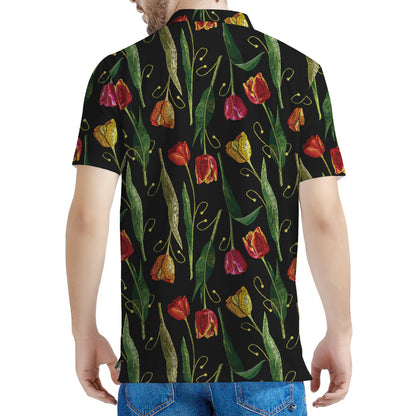 Embroidery Tulip Pattern Print Men's Polo Shirt