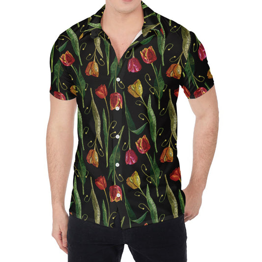Embroidery Tulip Pattern Print Men's Shirt