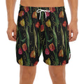 Embroidery Tulip Pattern Print Men's Split Running Shorts