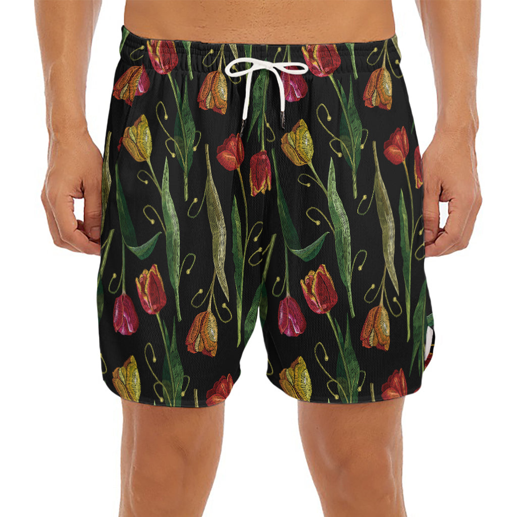Embroidery Tulip Pattern Print Men's Split Running Shorts