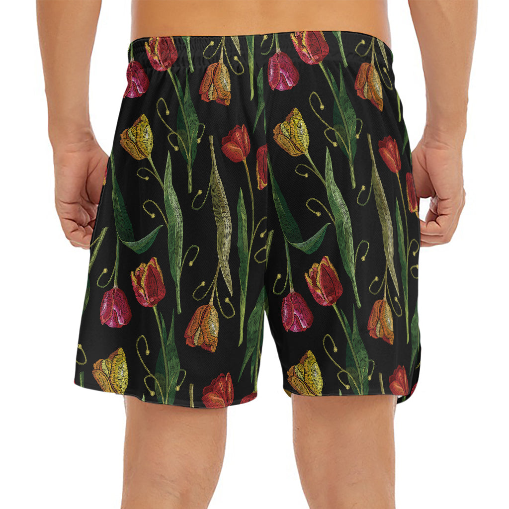 Embroidery Tulip Pattern Print Men's Split Running Shorts
