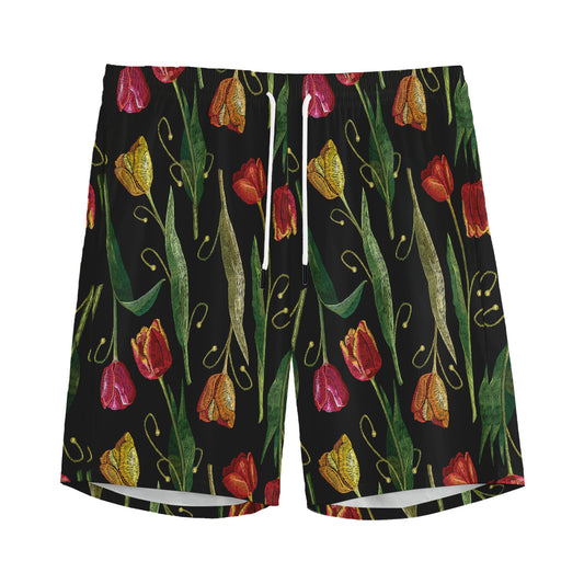Embroidery Tulip Pattern Print Men's Sports Shorts