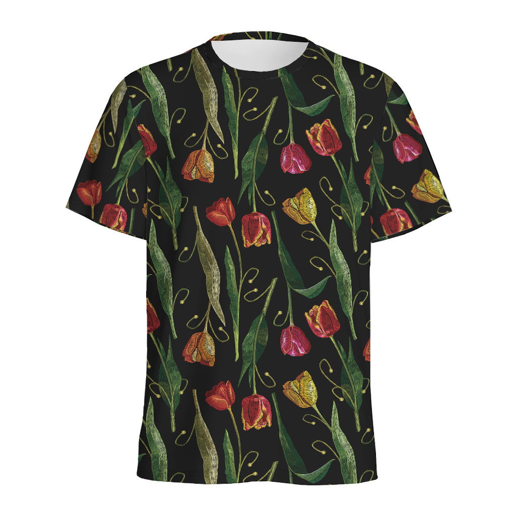 Embroidery Tulip Pattern Print Men's Sports T-Shirt