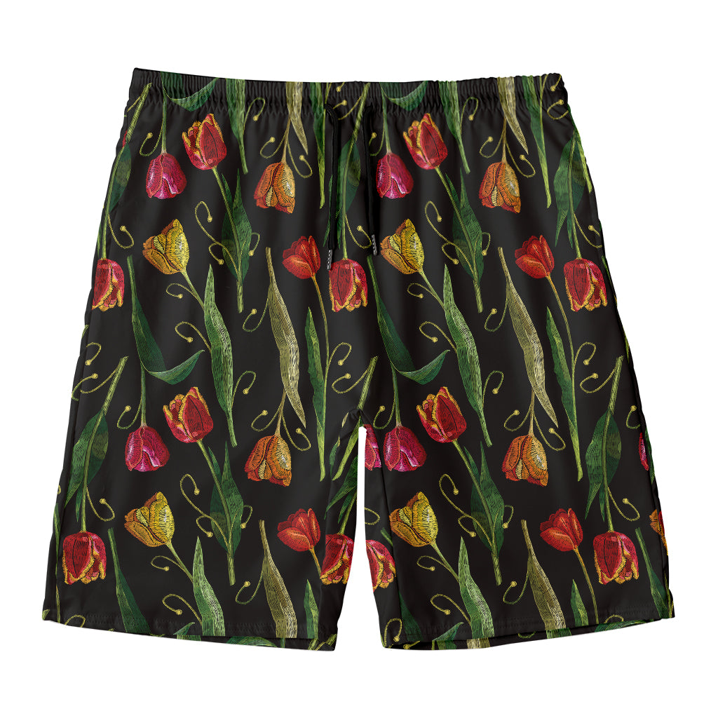 Embroidery Tulip Pattern Print Men's Swim Trunks