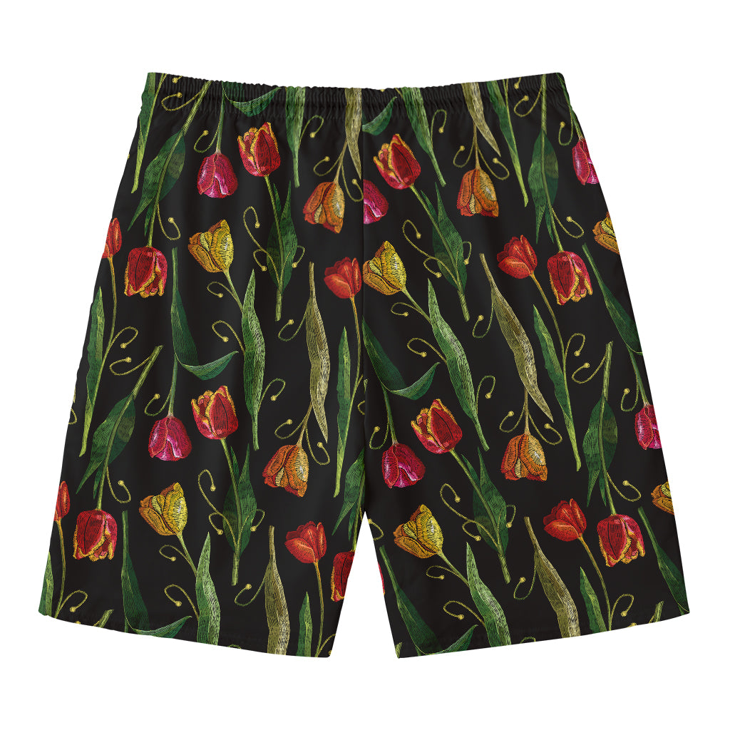 Embroidery Tulip Pattern Print Men's Swim Trunks