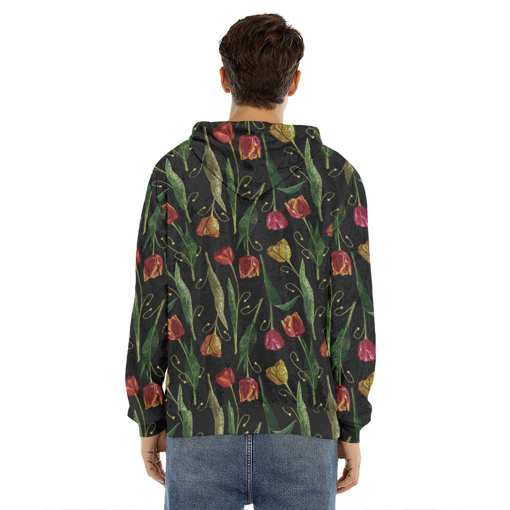 Embroidery Tulip Pattern Print Men's Velvet Pullover Hoodie