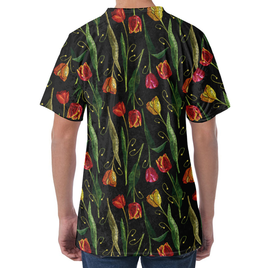 Embroidery Tulip Pattern Print Men's Velvet T-Shirt