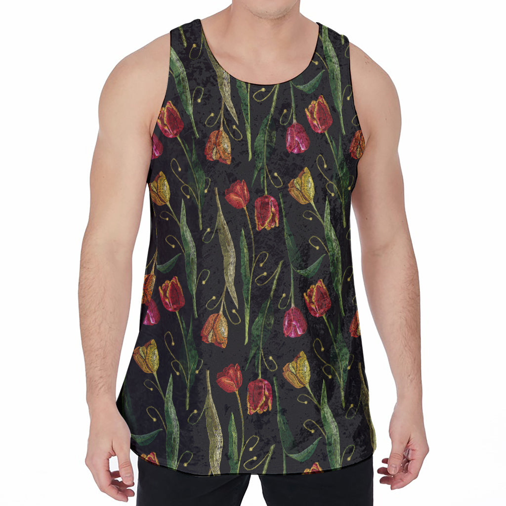 Embroidery Tulip Pattern Print Men's Velvet Tank Top