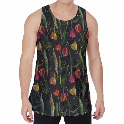 Embroidery Tulip Pattern Print Men's Velvet Tank Top