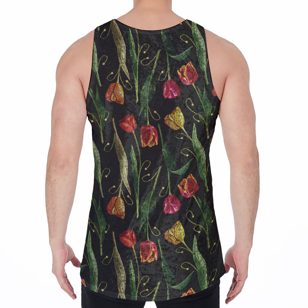 Embroidery Tulip Pattern Print Men's Velvet Tank Top