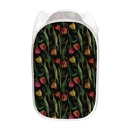 Embroidery Tulip Pattern Print Mesh Laundry Hamper