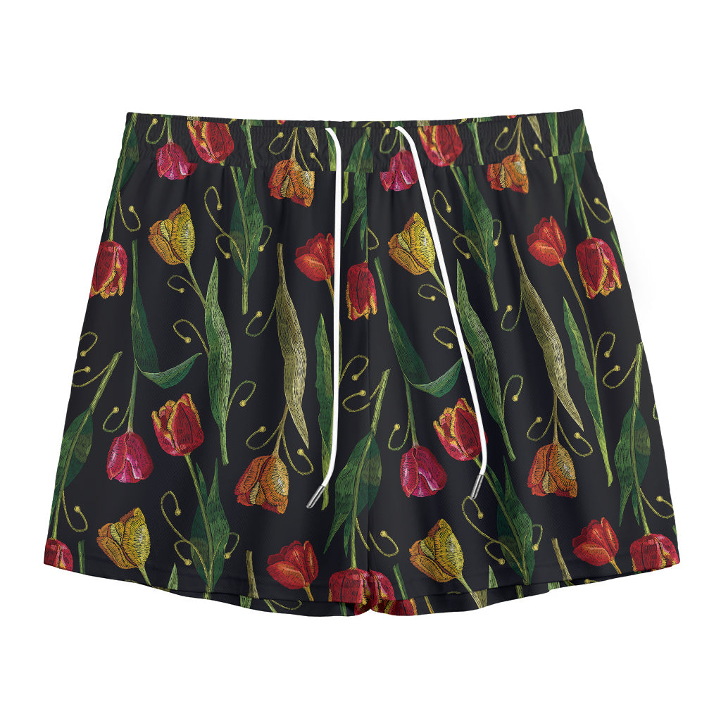 Embroidery Tulip Pattern Print Mesh Shorts