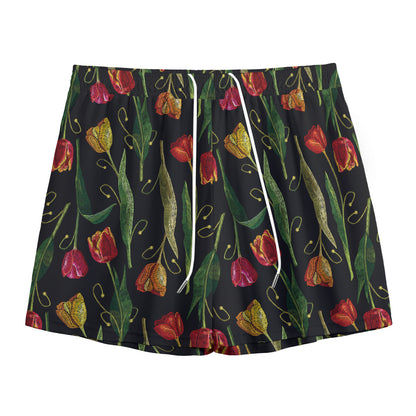 Embroidery Tulip Pattern Print Mesh Shorts