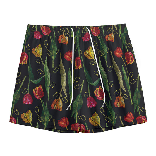 Embroidery Tulip Pattern Print Mesh Shorts