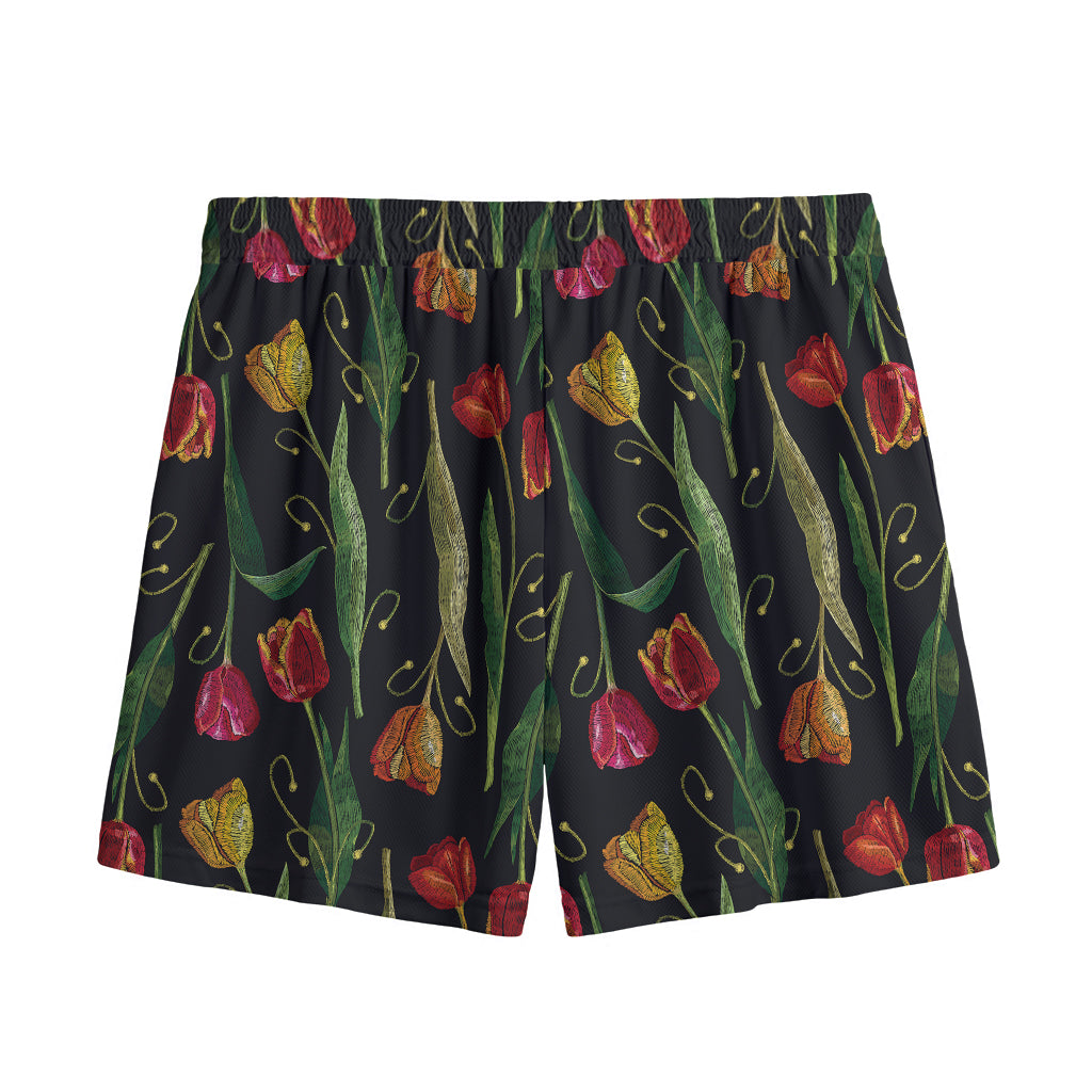 Embroidery Tulip Pattern Print Mesh Shorts