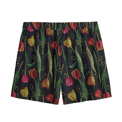 Embroidery Tulip Pattern Print Mesh Shorts