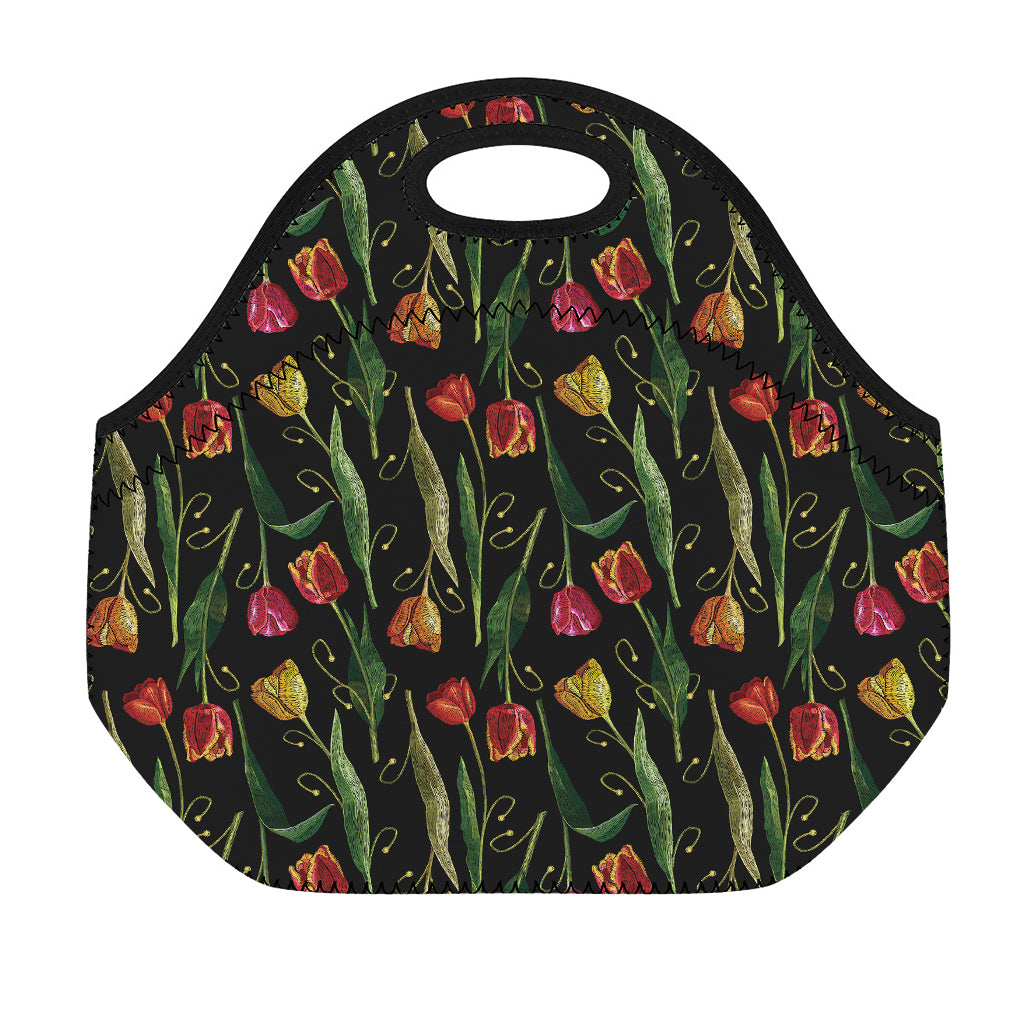 Embroidery Tulip Pattern Print Neoprene Lunch Bag