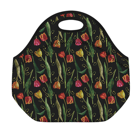 Embroidery Tulip Pattern Print Neoprene Lunch Bag