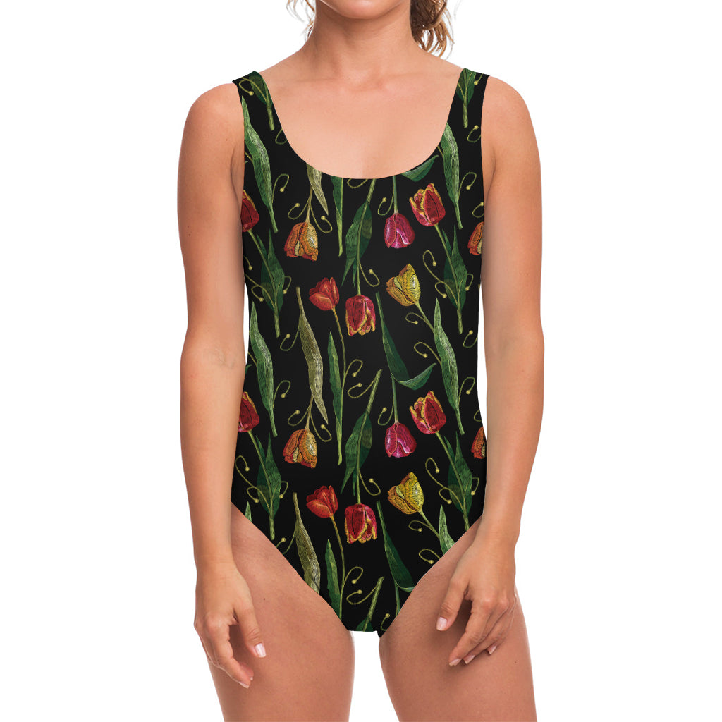 Embroidery Tulip Pattern Print One Piece Swimsuit