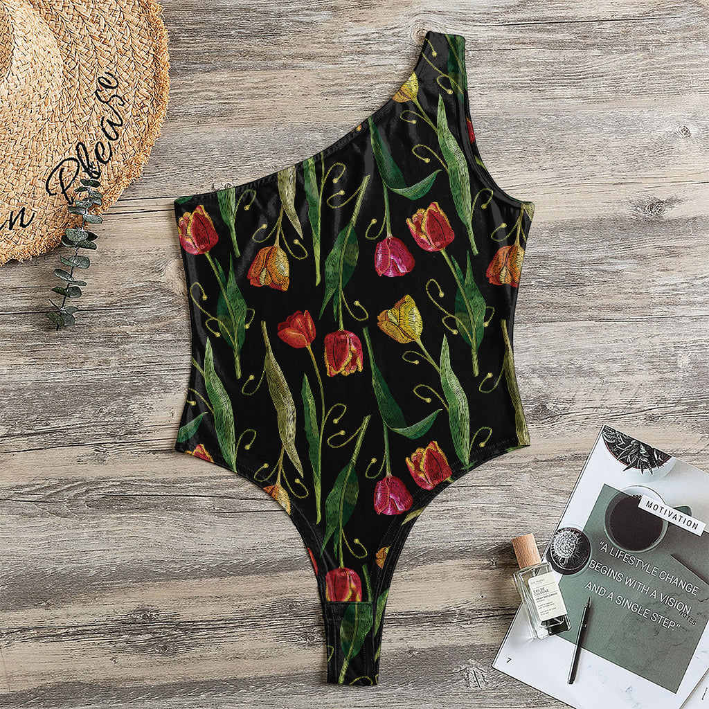 Embroidery Tulip Pattern Print One Shoulder Bodysuit
