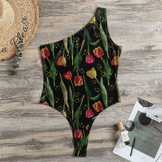 Embroidery Tulip Pattern Print One Shoulder Bodysuit