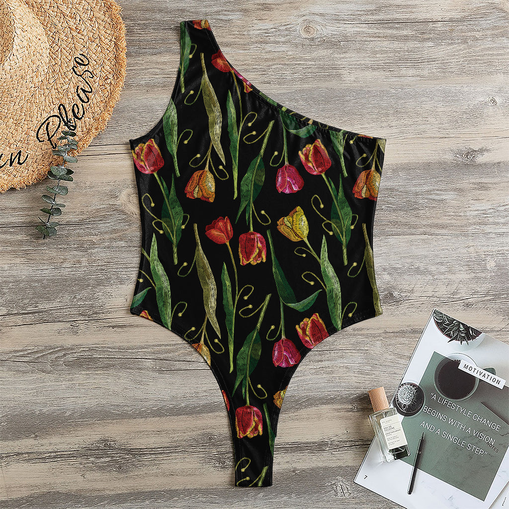 Embroidery Tulip Pattern Print One Shoulder Bodysuit