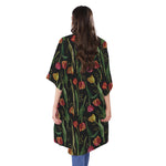 Embroidery Tulip Pattern Print Open Front Beach Cover Up