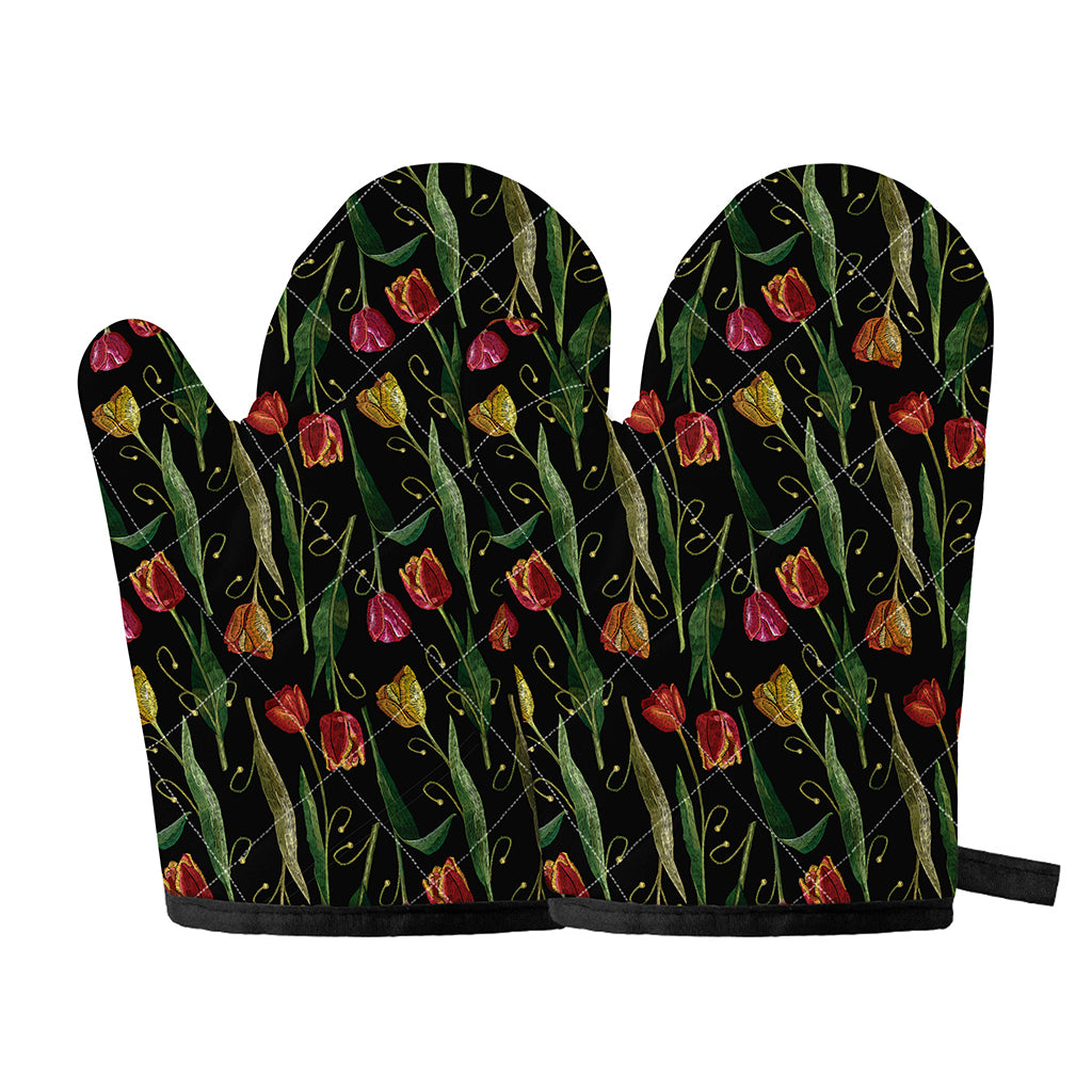 Embroidery Tulip Pattern Print Oven Mitts