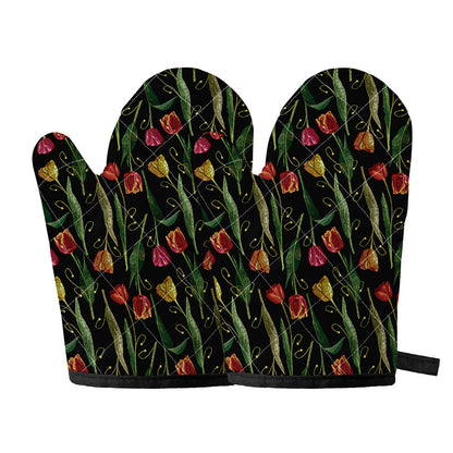 Embroidery Tulip Pattern Print Oven Mitts