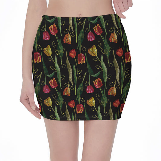 Embroidery Tulip Pattern Print Pencil Mini Skirt