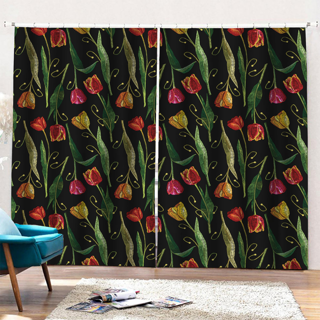 Embroidery Tulip Pattern Print Pencil Pleat Curtains