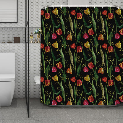 Embroidery Tulip Pattern Print Polyester Shower Curtain