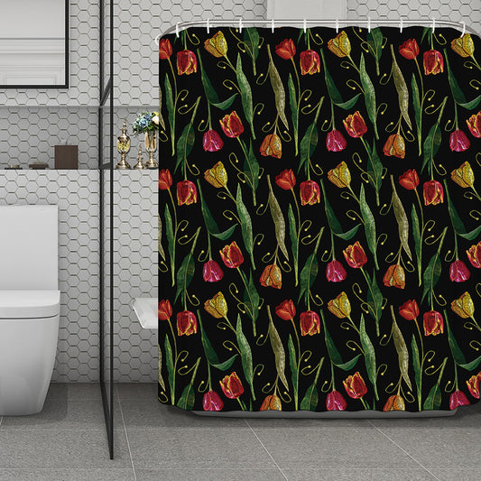 Embroidery Tulip Pattern Print Polyester Shower Curtain